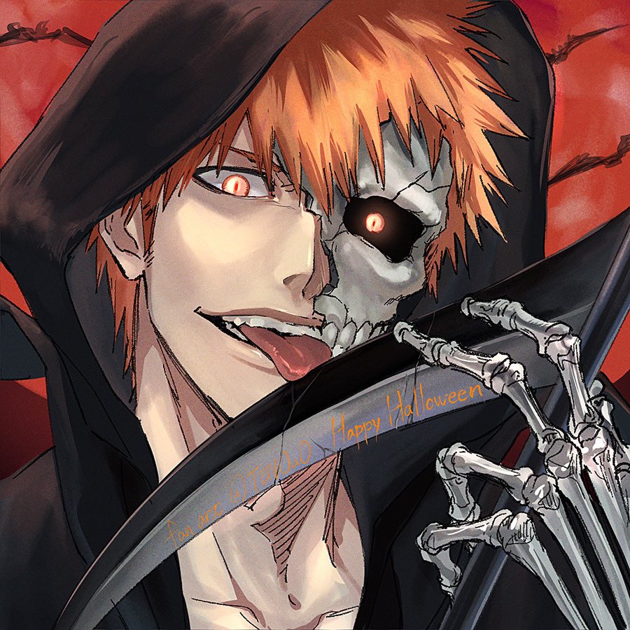 1boy, black_hoodie, black_sclera, bleach, bone, colored_sclera, commentary, dated