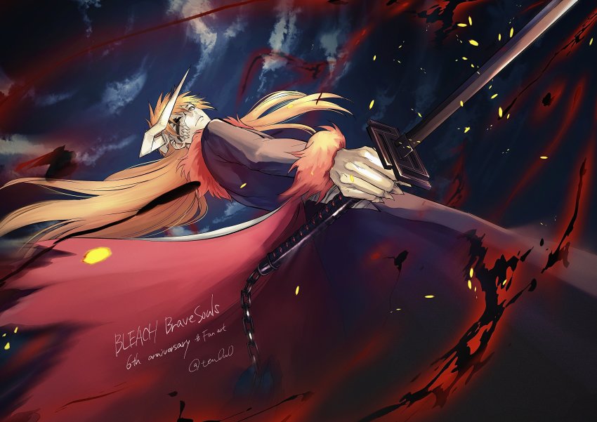 1boy, absurdres, bleach, brown_eyes, dutch_angle, feet_out_of_frame, highres, holding