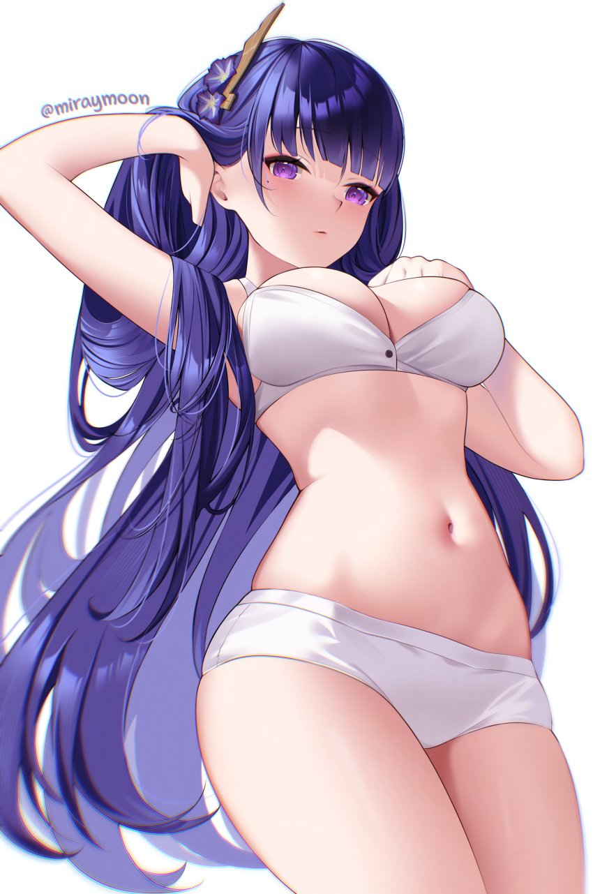 absurdres, blush, bra, flower, genshin_impact, hair_flower, hair_ornament, highres, long_hair, miraymoon, mole, mole_under_eye, navel, panties, purple_eyes, purple_flower, purple_hair, raiden_shogun, thighs, underwear, vision_(genshin_impact), white_bra, white_panties