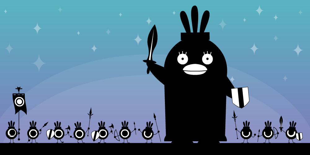 akizou., bad_id, bad_pixiv_id, banner, blue_theme, bow_(weapon), elizabeth_(gintama), flag, gintama, hatapon, hatepon, monochrome, no_humans, parody, patapon, polearm, shield, sword, tatepon, weapon, yaripon, yumipon