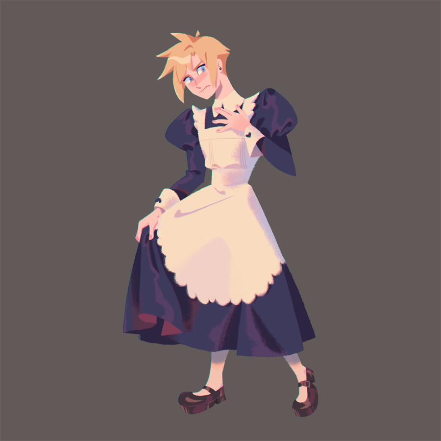 1boy, alicenpai, alternate_costume, apron, black_shoes, blonde_hair, blue_dress, blue_eyes