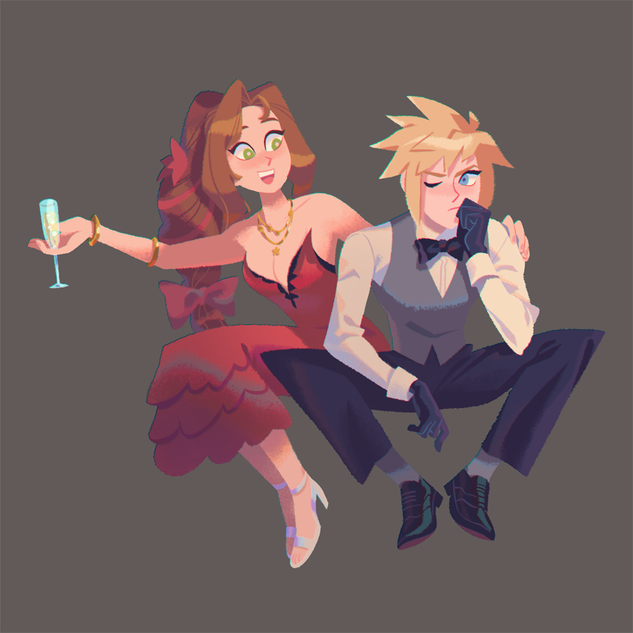 1boy, 1girl, aerith_gainsborough, alicenpai, alternate_costume, arm_around_shoulder, bare_shoulders, black_bow, black_bowtie, black_footwear, black_pants, blonde_hair, blue_eyes, blush, bow, bowtie, bracelet, breasts, brown_hair, cleavage, cloud_strife, dress, dress_shoes, final_fantasy, final_fantasy_vii, final_fantasy_vii_remake, flower, full_body, green_eyes, grey_background, grey_vest, hair_bow, hair_flower, hair_ornament, hair_ribbon, hand_on_another's_shoulder, hand_to_own_mouth, high_heels, holding_glass, jewelry, long_hair, long_sleeves, medium_breasts, necklace, official_alternate_costume, one_eye_closed, open_mouth, pants, parted_bangs, red_dress, red_flower, red_ribbon, ribbon, ringlets, shirt, short_hair, sitting, smile, spiked_hair, square_enix, strapless, strapless_dress, vest, waistcoat, wall_market, white_footwear, white_shirt