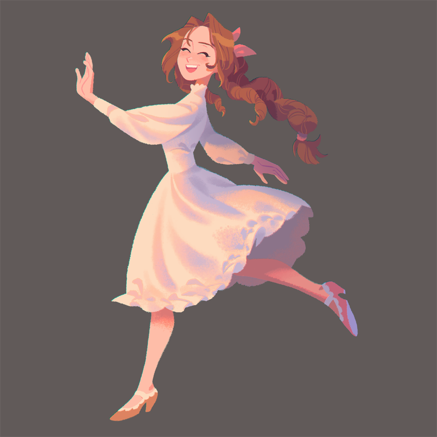 1girl, aerith_gainsborough, alicenpai, alternate_costume, arms_out_to_sides, braid, brown_footwear, brown_hair, closed_eyes, curly_hair, dancing, dress, final_fantasy, final_fantasy_vii, final_fantasy_vii_remake, full_body, grey_background, hair_ribbon, long_sleeves, open_mouth, parted_bangs, pink_ribbon, puffy_long_sleeves, puffy_sleeves, ribbon, sidelocks, smile, solo, square_enix, white_dress