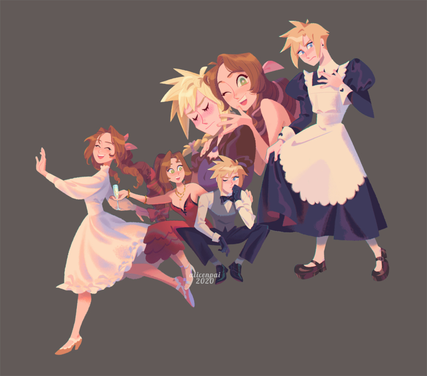 1boy, 1girl, aerith_gainsborough, alicenpai, alternate_costume, apron, arm_around_shoulder, arms_out_to_sides, artist_name, bare_shoulders, black_bow, black_bowtie, black_footwear, black_pants, blonde_hair, blue_dress, blue_eyes, blush, bow, bowtie, bracelet, braid, breasts, brown_footwear, brown_hair, cleavage, closed_eyes, cloud_strife, crossdressing, curly_hair, dancing, dress, dress_shoes, earrings, final_fantasy, final_fantasy_vii, final_fantasy_vii_remake, flower, full_body, green_eyes, grey_background, grey_vest, hair_bow, hair_flower, hair_ornament, hair_ribbon, hand_on_another's_shoulder, hand_on_own_chest, hand_to_own_mouth, high_heels, holding_glass, jewelry, juliet_sleeves, long_hair, long_sleeves, maid_apron, male_focus, mary_janes, medium_breasts, multiple_views, necklace, official_alternate_costume, one_eye_closed, open_mouth, pants, parted_bangs, pink_ribbon, puffy_long_sleeves, puffy_sleeves, red_dress, red_flower, red_ribbon, ribbon, ringlets, shirt, shoes, short_hair, sidelocks, single_earring, sitting, smile, spiked_hair, square_enix, strapless, strapless_dress, twin_braids, vest, waistcoat, wall_market, white_dress, white_footwear, white_shirt