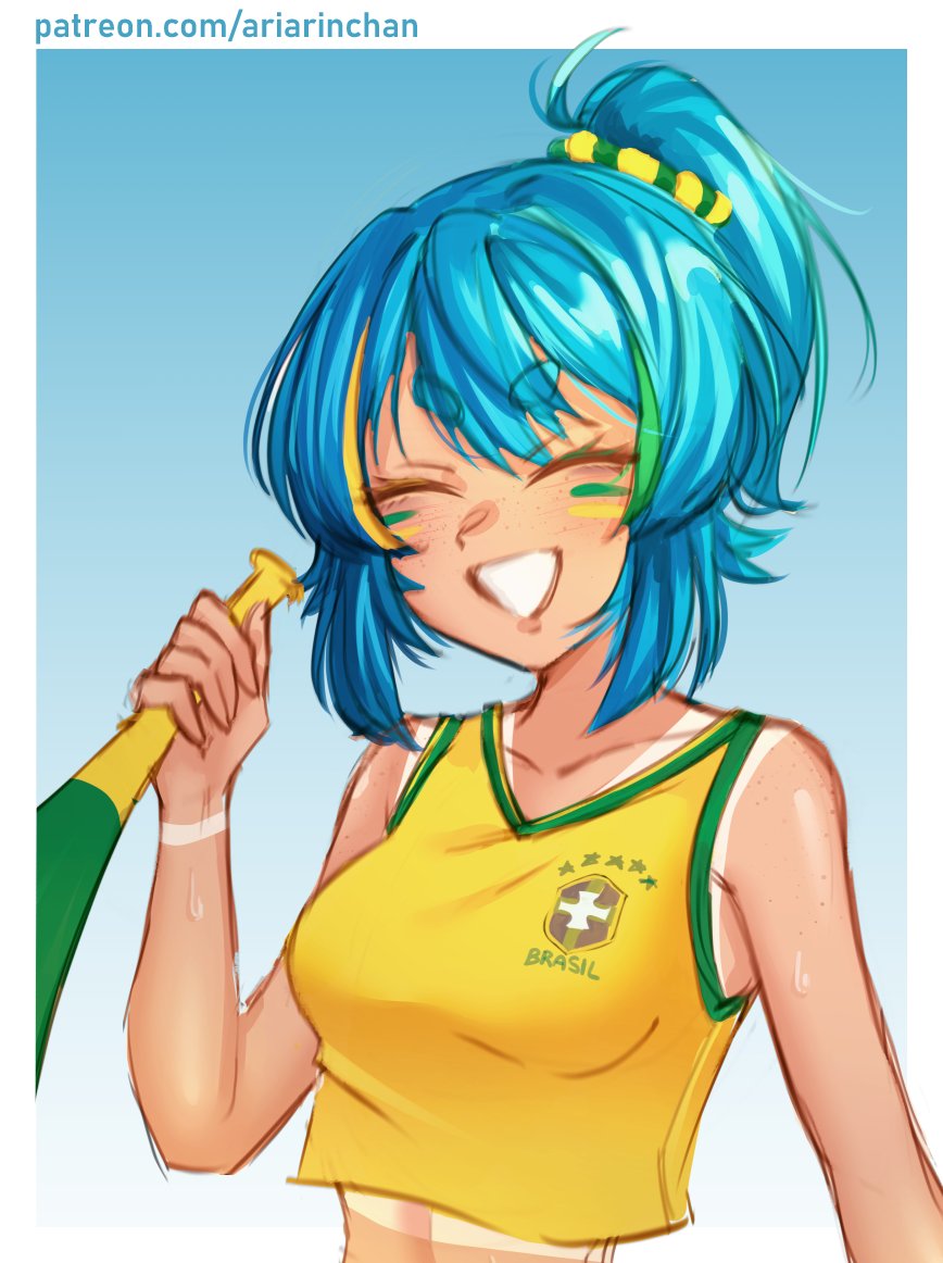 1girl, 2022_fifa_world_cup, :d, ^_^, aria_rin, aria_rin_(artist), blonde_hair, blue_background, border, brazil, breasts, closed_eyes, collarbone, commentary, english_commentary, green_hair, holding, indie_virtual_youtuber, medium_breasts, mixed-language_commentary, multicolored_hair, open_mouth, ponytail, portuguese_commentary, sketch, smile, solo, streaked_hair, tan, tank_top, tanline, v-shaped_eyebrows, virtual_youtuber, watermark, web_address, white_border, world_cup, yellow_tank_top