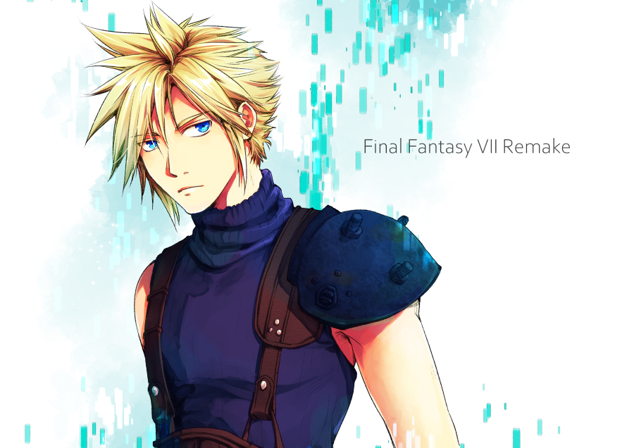 1boy, armor, belt, blonde_hair, blue_eyes, blue_shirt, cloud_strife, earrings, final_fantasy, final_fantasy_vii, final_fantasy_vii_remake, hair_between_eyes, jewelry, looking_at_viewer, male_focus, shimada_iwato, shirt, short_hair, shoulder_armor, single_earring, sleeveless, sleeveless_turtleneck, solo, spiked_hair, square_enix, suspenders, turtleneck, upper_body