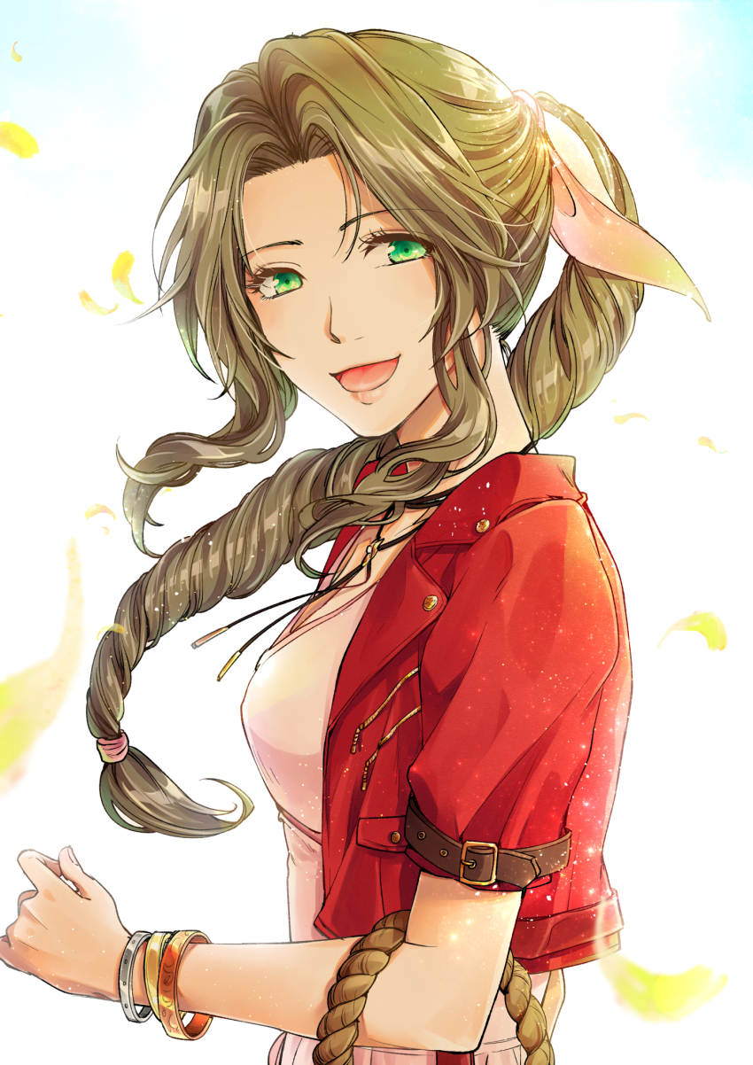 1girl, aerith_gainsborough, basket, bracelet, braid, breasts, brown_hair, choker, cropped_jacket, dress, falling_petals, final_fantasy, final_fantasy_vii, final_fantasy_vii_remake, green_eyes, hair_ribbon, highres, holding, holding_basket, jacket, jewelry, long_hair, looking_at_viewer, medium_breasts, necklace, open_mouth, parted_bangs, petals, pink_dress, pink_ribbon, red_jacket, ribbon, shimada_iwato, sidelocks, smile, solo, square_enix, upper_body