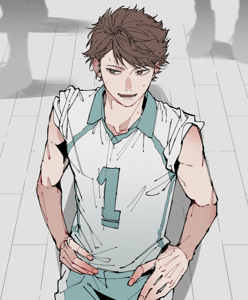 1boy, aoba_johsai_volleyball_uniform, brown_eyes, brown_hair, haikyuu!!, hands_on_own_hips, highres, looking_at_viewer