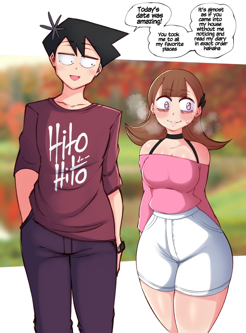 1boy, 1girl, absurdres, bags_under_eyes, bare_shoulders, black_choker, black_hair, blush, breasts, brown_hair, choker, curvy, english_text, hand_in_pocket, heart, heart-shaped_pupils, highres, komi-san_wa_komyushou_desu, looking_at_another, medium_breasts, mole, mole_under_mouth, off-shoulder_shirt, off_shoulder, pants, pink_shirt, saltyxodium, shirt, shorts, smile, speech_bubble, standing, sweatdrop, symbol-shaped_pupils, tadano_hitohito, thick_thighs, thighs, watch, white_shorts, wide_hips, wristwatch, yamai_ren, yandere