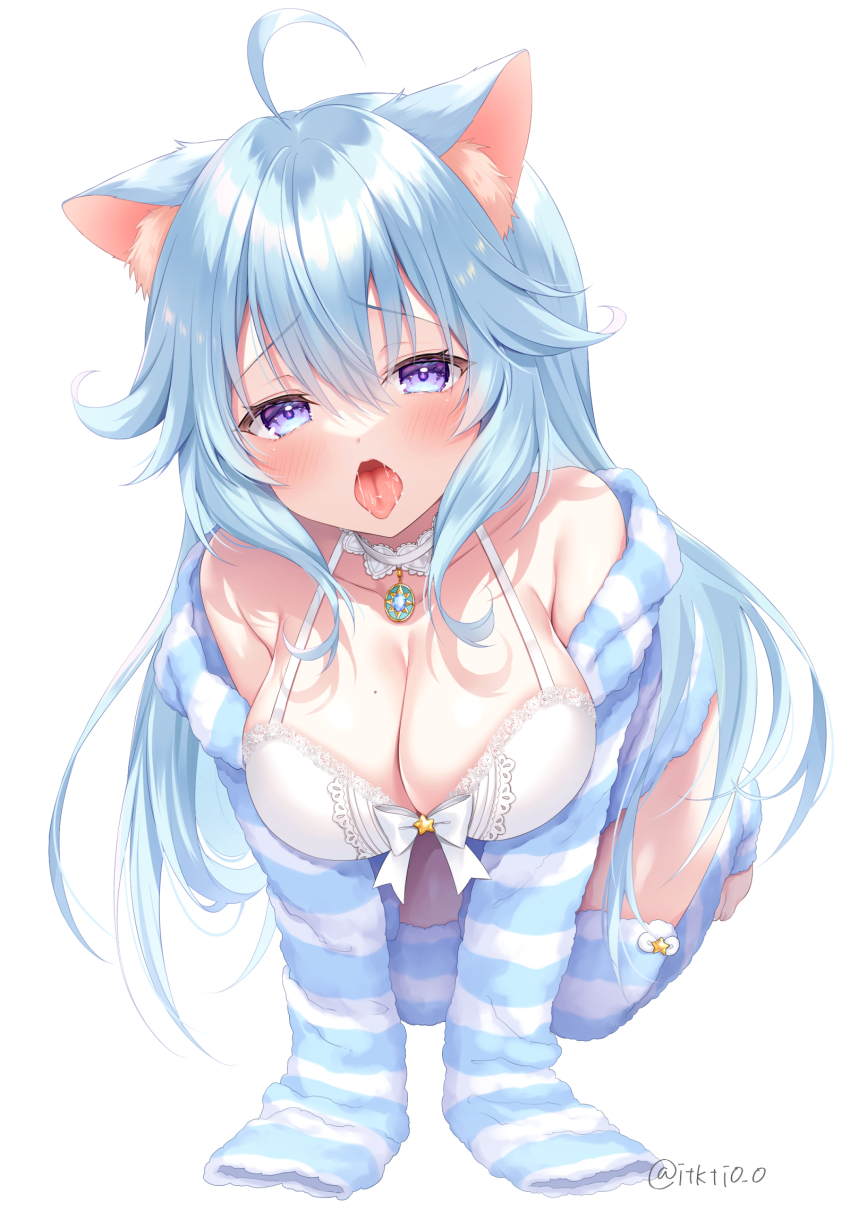1girl, ahoge, all_fours, animal_ears, blue_eyes, blue_hair, blush, bra