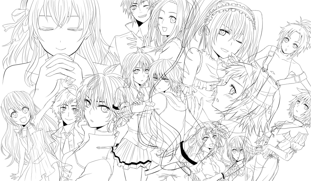 aleksander_nikolaevich_her, ekaterina_kurae, elizabeth_(seikon_no_qwaser), fujiomi_taisuku, gothic_lolita, joshua_phrygianos, katsuragi_hana, lineart, lolita_fashion, mitarai_fumika, monochrome, oribe_mafuyu, seikon_no_qwaser, sendou_mutsumi, teresa_beria, tsujidou_miyuri