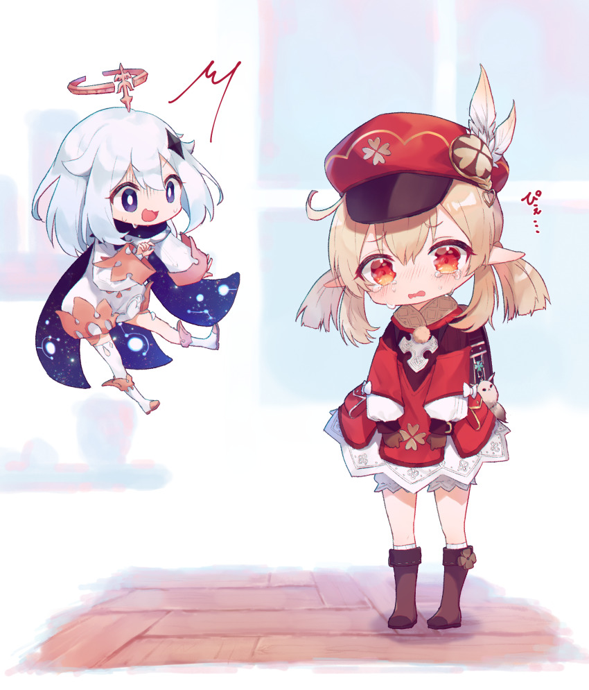 2girls, ahoge, asymmetrical_legwear, backpack, bag, blonde_hair, bloomers, blush