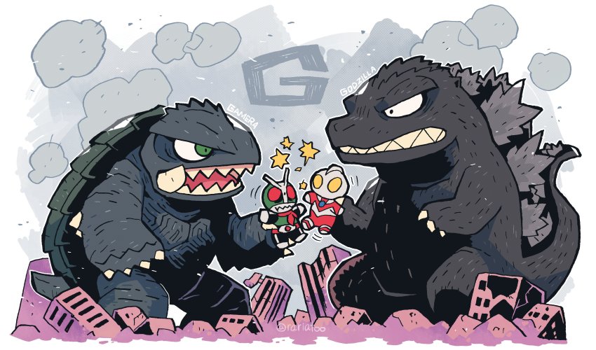 absurdres, action_figure, alien, bug, chibi, city, crossover, daiei_film, destruction, fighting, gamera, gamera_(series), gamera_2:_attack_of_legion, giant, giant_monster, godzilla, godzilla_(series), grasshopper, highres, holding, holding_toy, insect, kaiju, kamen_rider, kamen_rider_(1st_series), kamen_rider_1, letter, multiple_crossover, playing, rariatto_(ganguri), red_eyes, sharp_teeth, sitting, teeth, toei_company, toho, toy, tsuburaya_productions, tusks, typhoon_(kamen_rider), ultra_series, ultraman, ultraman_(1st_series), yellow_eyes
