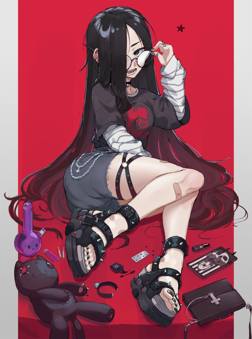 1girl, bag, bandaid, bandaid_on_knee, bandaid_on_leg, black_hair, black_nails, bong, borrowed_character, choker, cigarette, commentary, cross, drugs, ear_piercing, english_commentary, feet, full_body, glasses, handbag, highres, jewelry, k-rha's, lighter, long_hair, long_sleeves, looking_at_viewer, multiple_rings, nail_polish, open_mouth, original, phone, piercing, ring, round_eyewear, sandals, solo, spiked_sandals, stuffed_animal, stuffed_toy, thigh_strap, toes