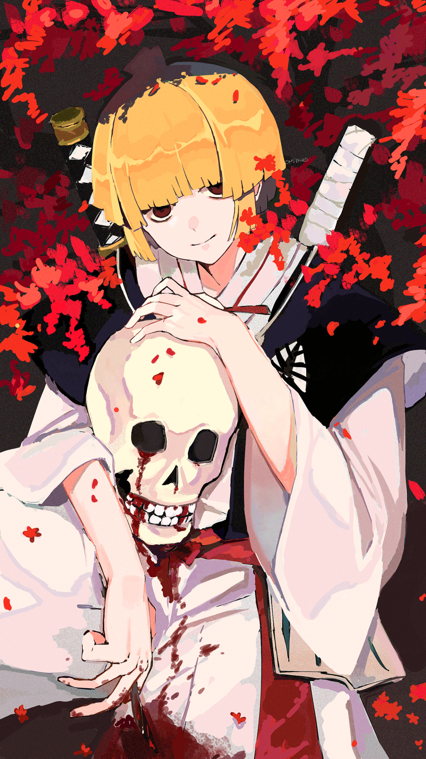 1boy, absurdres, ahoge, blonde_hair, blood, blood_on_clothes, blood_on_skeleton, bowl_cut