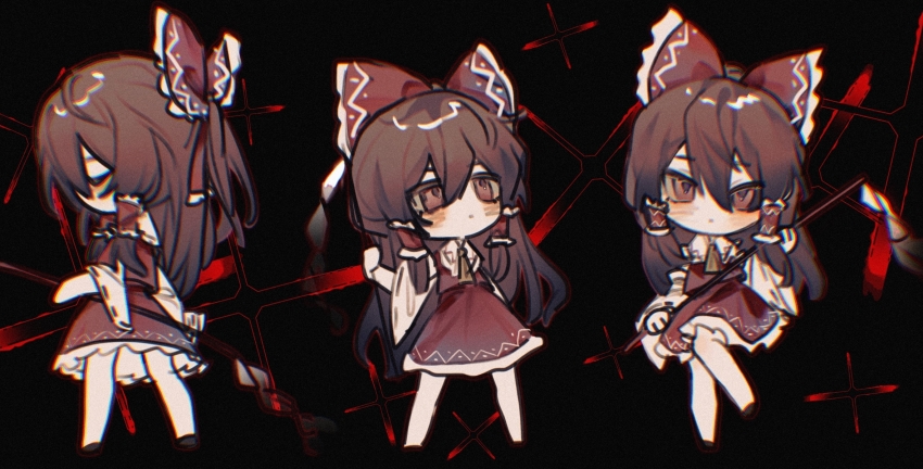 1girl, black_sclera, brown_hair, chibi, chinese_commentary, collared_shirt, colored_sclera, commentary_request, detached_sleeves, frilled_hair_tubes, frills, hair_between_eyes, hair_tubes, hakurei_reimu, highres, long_hair, mismatched_sclera, multiple_views, nontraditional_miko, red_eyes, red_skirt, red_vest, shirt, skirt, sleeveless, sleeveless_shirt, touhou, usamisatori, vest, white_shirt, white_sleeves