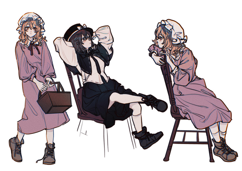 2girls, basket, black_capelet, black_eyes, black_hair, black_headwear, black_necktie, black_shoes, blonde_hair, boots, brown_shoes, capelet, chair, chinese_commentary, chromatic_aberration, closed_mouth, collared_dress, collared_shirt, commentary_request, dress, film_grain, hat, highres, holding, holding_basket, lace_trim, long_hair, long_sleeves, maribel_hearn, mob_cap, multiple_girls, multiple_views, necktie, on_chair, pink_dress, shirt, shoes, short_hair, simple_background, sitting, socks, touhou, transparent_background, usami_renko, usamisatori, white_headwear, white_shirt, white_socks, yellow_eyes
