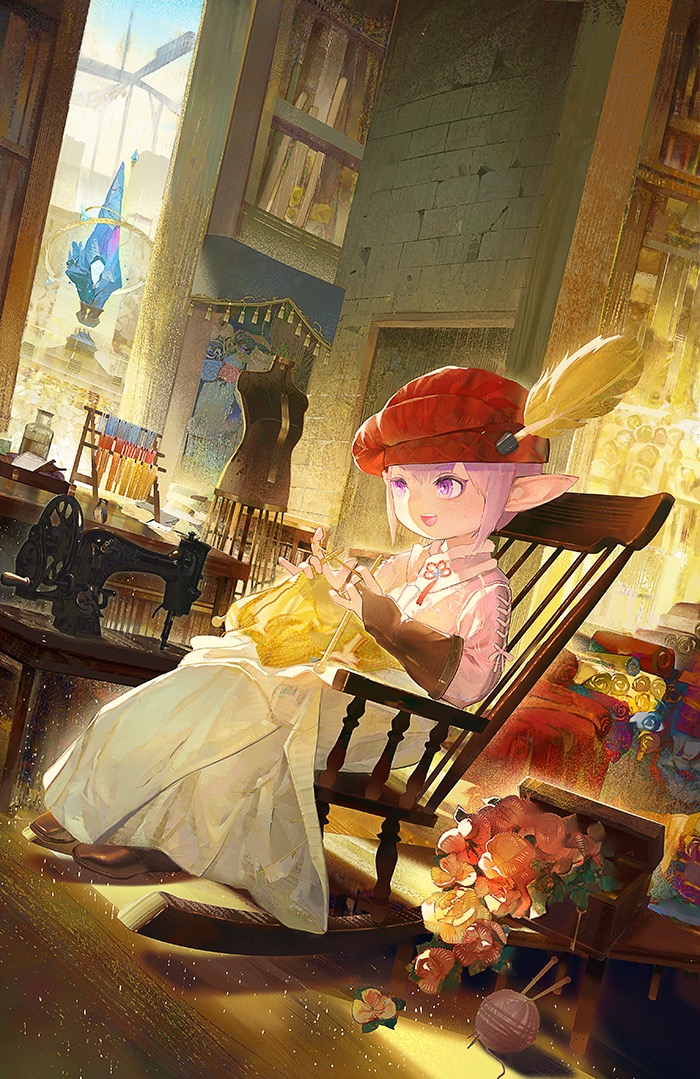 1girl, :d, aetheryte, beret, bookshelf, box, bridal_gauntlets, brown_gloves, brown_shoes, chair, chinese_commentary, commentary_request, day, dutch_angle, fabric, final_fantasy, final_fantasy_xiv, flower, from_side, full_body, fur-trimmed_jacket, fur_trim, gloves, hat, hat_feather, holding, holding_needle, indoors, jacket, jar, knitting, knitting_needle, lalafell, mannequin, needle, on_chair, open_mouth, pink_jacket, pointy_ears, purple_eyes, purple_hair, red_hat, rocking_chair, scenery, scroll, sewing_machine, shoes, short_hair, sitting, skirt, slice_of_life, smile, solo, stone_wall, table, tataru_taru, wall, white_skirt, yarn, yarn_ball, yellow_flower, zxin