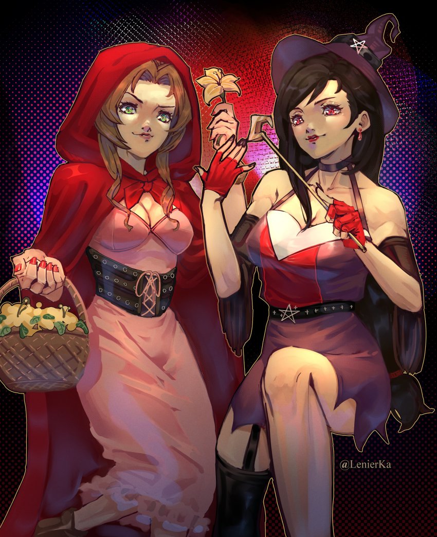 2girls, absurdres, aerith_gainsborough, alternate_costume, armband, bare_shoulders, basket, black_hair, black_nails, black_thighhighs, breasts, brown_hair, cleavage, cloak, corset, cosplay, dress, earrings, feet_out_of_frame, final_fantasy, final_fantasy_vii, fingerless_gloves, flower, flower_basket, gloves, green_eyes, halloween_costume, hat, highres, holding, holding_basket, holding_flower, hood, hood_up, hooded_cloak, jewelry, large_breasts, lenierka, little_red_riding_hood_(fairy_tale), little_red_riding_hood_(fairy_tale_character)_(cosplay), little_red_riding_hood_(fairy_tale_character), long_dress, long_hair, looking_at_viewer, low-tied_long_hair, medium_breasts, multiple_girls, nail_polish, parted_bangs, pink_dress, purple_dress, red_cloak, red_eyes, red_gloves, red_nails, sidelocks, single_thighhigh, thighhighs, tifa_lockhart, twitter_username, witch, witch_hat, yellow_flower