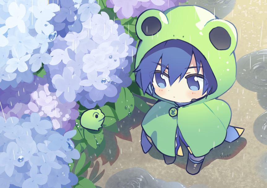 1boy, black_footwear, blue_flower, blue_hair, buttons, chibi, coat, flower, frog, frog_poncho, hydrangea, kaito_(vocaloid), leaf, poncho, puddle, purple_flower, rain, short_hair, sinaooo, vocaloid