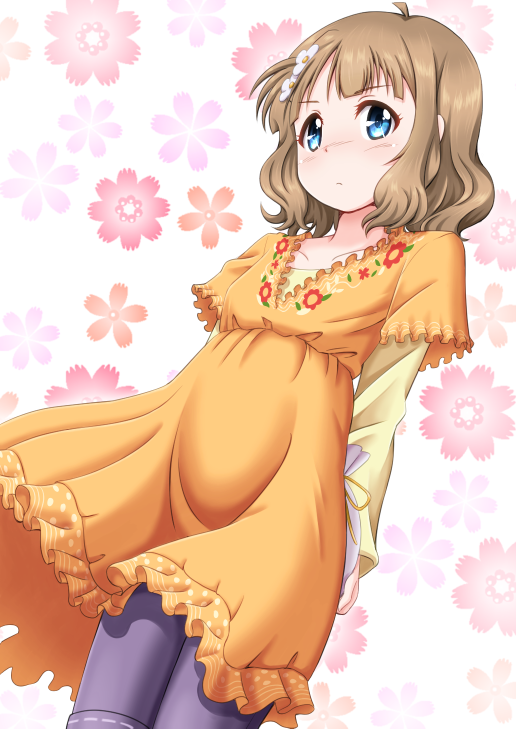 1girl, ahoge, arms_behind_back, black_pants, blue_eyes, blush, brown_hair, closed_mouth