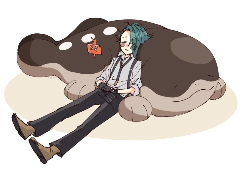 1girl, :3, black_pants, blush, brown_footwear, clodsire, closed_eyes, collared_shirt