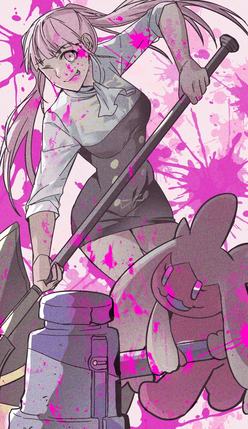 2girls, absurdres, axe, baaaam_7, blood, breasts, crossover, female_focus, fire_emblem, fire_emblem:_three_houses, garreg_mach_monastery_uniform, hammer, highres, hilda_valentine_goneril, holding, holding_axe, holding_hammer, holding_weapon, huge_weapon, long_hair, looking_at_viewer, matching_hair/eyes, medium_breasts, multiple_girls, nintendo, one_eye_closed, pink_eyes, pink_hair, pokemon, pokemon_(creature), smile, tinkaton, tongue, tongue_out, trait_connection, twintails, weapon, wink