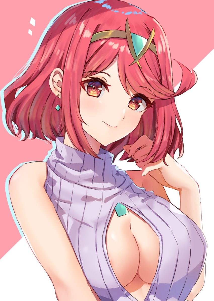 1girl, alternate_costume, areola_slip, bare_shoulders, breasts, chest_jewel, cleavage_cutout, closed_mouth, clothing_cutout, commentary_request, earrings, edamameoka, highres, jewelry, large_breasts, looking_at_viewer, pyra_(xenoblade), red_eyes, red_hair, ribbed_sweater, short_hair, sleeveless, sleeveless_sweater, smile, solo, sweater, swept_bangs, teeth, tiara, turtleneck, turtleneck_sweater, upper_teeth_only, xenoblade_chronicles_(series), xenoblade_chronicles_2