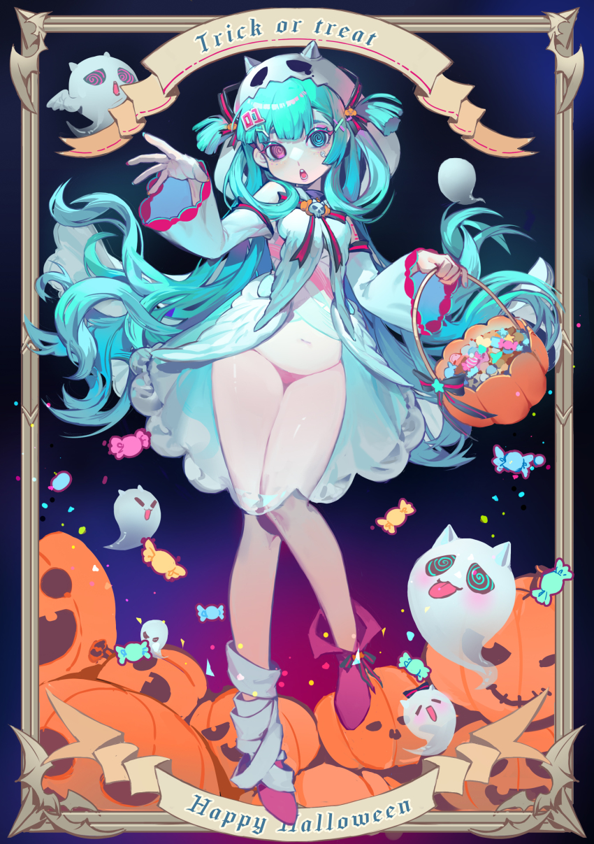 1girl, absurdres, ankle_boots, aqua_eyes, aqua_hair, aqua_nails, bandaged_leg, bandages, bat_(animal), blunt_tresses, boots, border, breasts, brooch, candy, chest_sarashi, chestnut_mouth, claw_pose, colored_eyelashes, dark, dress, english_text, fake_horns, floating_hair, food, full_body, ghost, ghost_costume, gradient_background, green_nails, hair_ornament, hair_rings, halloween, halloween_bucket, halloween_costume, hands_up, happy_halloween, hatsune_miku, heterochromia, high-low_skirt, highres, holding, horns, jack-o'-lantern, jack-o'-lantern_hair_ornament, jewelry, kako_(pixiv77158173), knees_together_feet_apart, long_hair, long_sleeves, looking_at_viewer, loose_bandages, medium_breasts, multicolored_nails, nail_polish, open_mouth, orange_nails, outside_border, panties, pink_boots, pink_eyes, red_nails, red_panties, revealing_clothes, ringed_eyes, sarashi, skull_ornament, standing, trick_or_treat, two_side_up, underwear, very_long_hair, vocaloid, white_dress, wide_sleeves