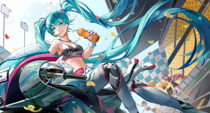 4girls, absurdres, aqua_eyes, aqua_hair, arm_rest, arm_up, audience, bandaid