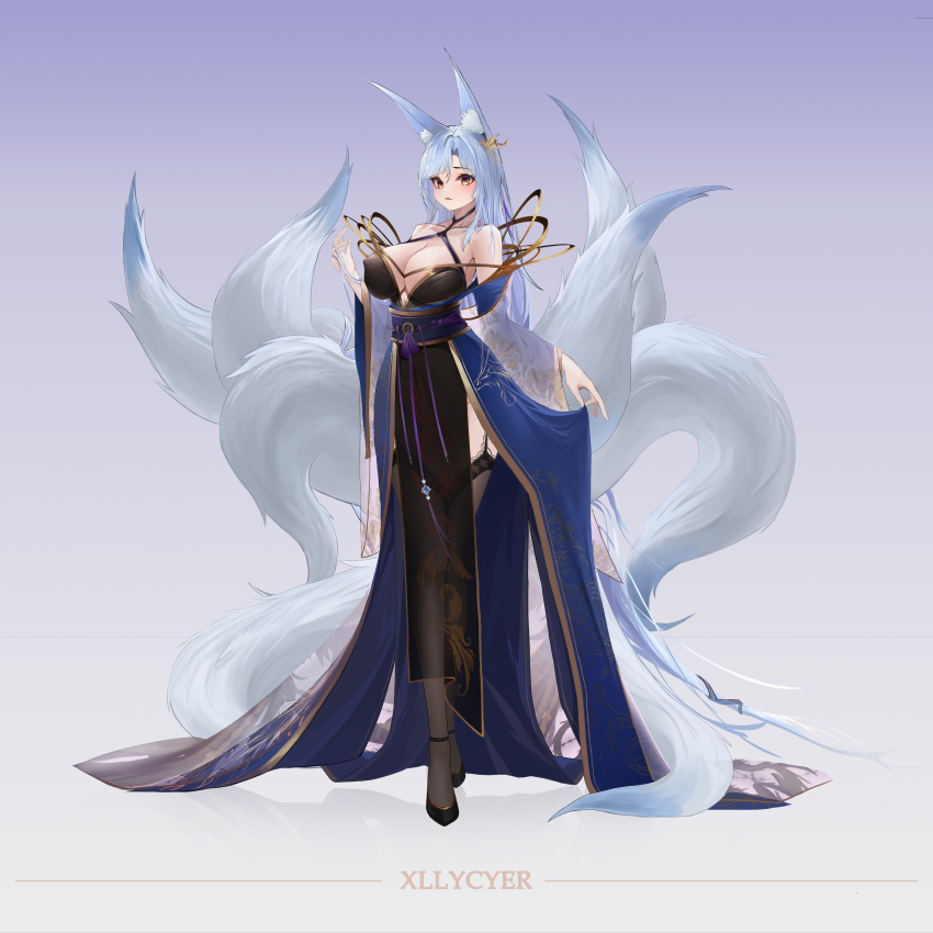 1girl, absurdly_long_hair, absurdres, animal_ear_fluff, animal_ears, artist_name, bare_shoulders, black_dress