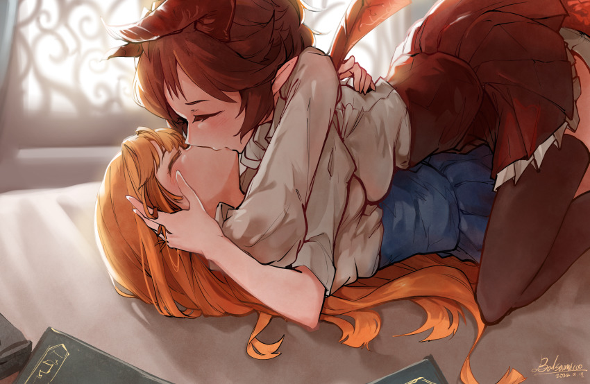 2girls, anne_(shingeki_no_bahamut), balsamico_su, bed, blush, book, breast_press, breasts, brown_hair, closed_eyes, commentary_request, dated, day, dragon_girl, dragon_horns, dragon_tail, dragon_wings, facing_another, from_side, girl_on_top, grea_(shingeki_no_bahamut), hand_in_another's_hair, highres, holding, horns, hug, kiss, long_hair, lying, lying_on_person, medium_breasts, multiple_girls, on_back, on_bed, on_person, orange_hair, pointy_ears, red_hair, school_uniform, shingeki_no_bahamut, short_hair, signature, skirt, straddling, symmetrical_docking, tail, thighhighs, window, wings, yuri
