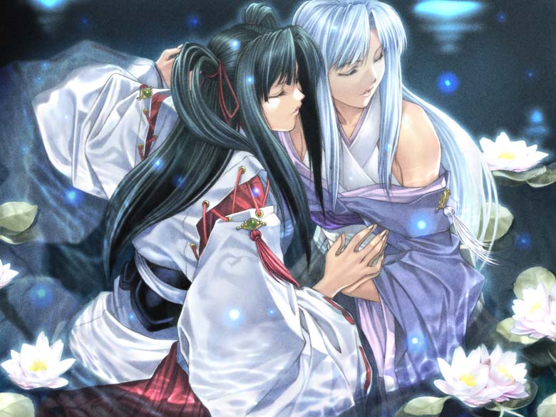 2girls, \||/, alfa_system, bare_shoulders, black_hair, blue_hair, closed_eyes, dual_persona, fingernails, flower, from_above, from_behind, holding_hands, homare_(fool's_art), japanese_clothes, kimono, lily_pad, lips, long_hair, lotus, multiple_girls, off_shoulder, parted_bangs, parted_lips, ribbon-trimmed_sleeves, ribbon_trim, shikigami_no_shiro, shikigami_no_shiro_iii, taito, tassel, two_side_up, wading, water, water_lily_flower, yuuki_sayo