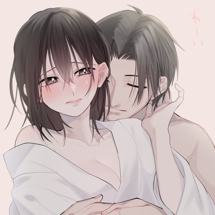 1boy, 1girl, aged_up, baby_(demotsu), bare_shoulders, blush, breasts, brown_eyes, cleavage, closed_mouth, commentary, couple, ear_blush, embarrassed, fruits_basket, grey_hair, hair_behind_ear, hair_over_eyes, hand_up, hetero, highres, hug, hug_from_behind, imminent_kiss, medium_breasts, off_shoulder, simple_background, smile, sohma_akito, sohma_shigure, sweat, untranslatable_commentary, upper_body