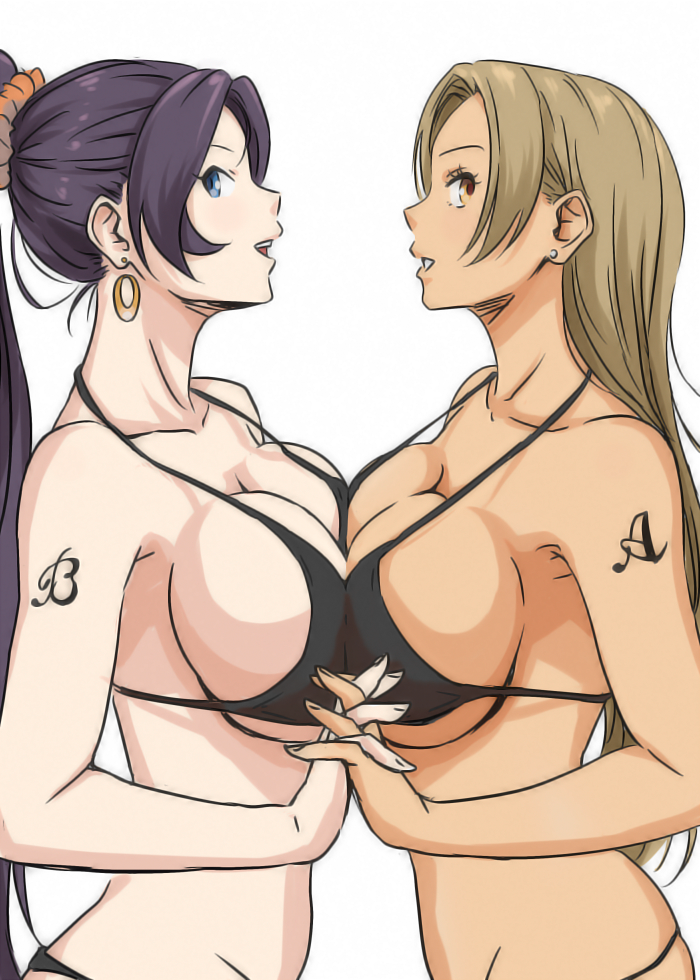 2girls, anbj, arm_tattoo, bikini, black_bikini, black_hair, blue_eyes, breast_press