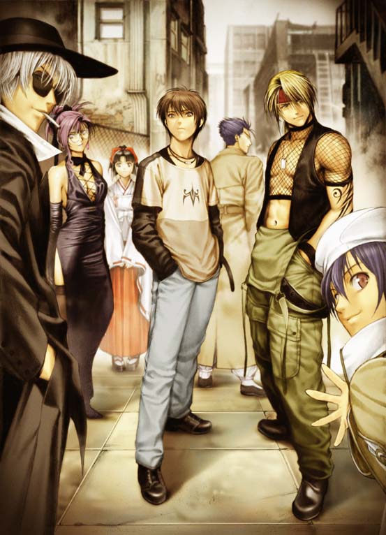 3girls, 4boys, alfa_system, black_hair, blonde_hair, bow, breasts, brown_hair, cigarette, cleavage, denim, dress, fishnets, fumiko_odette_vanstein, gennojo_hyuga, glasses, hair_bow, hat, headband, homare_(fool's_art), hyuuga_gennojou, japanese_clothes, jeans, kim_de_john, kohtarou_kuga, kuga_koutarou, multiple_boys, multiple_girls, niigi_gorgeous_blue, pants, porkpie_hat, purple_hair, roger_sasuke, shikigami_no_shiro, shikigami_no_shiro_ii, shoes, standing, white_hair, yuuki_sayo