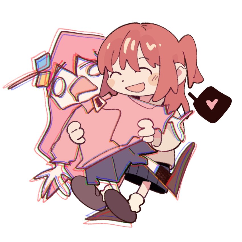 2girls, black_skirt, bocchi_the_rock!, bow, breadspie, cube_hair_ornament, full_body, gotoh_hitori, green_eyes, grey_skirt, hair_between_eyes, hair_ornament, hair_over_eyes, highres, jacket, kita_ikuyo, long_hair, multiple_girls, one_side_up, open_mouth, pink_hair, pink_jacket, pleated_skirt, red_bow, red_hair, sailor_collar, school_uniform, simple_background, skirt, smile, track_jacket, trembling, white_background, white_sailor_collar