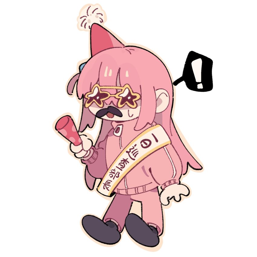 !, 1girl, birthday_sash, bocchi_the_rock!, breadspie, chibi, cube_hair_ornament, fake_facial_hair