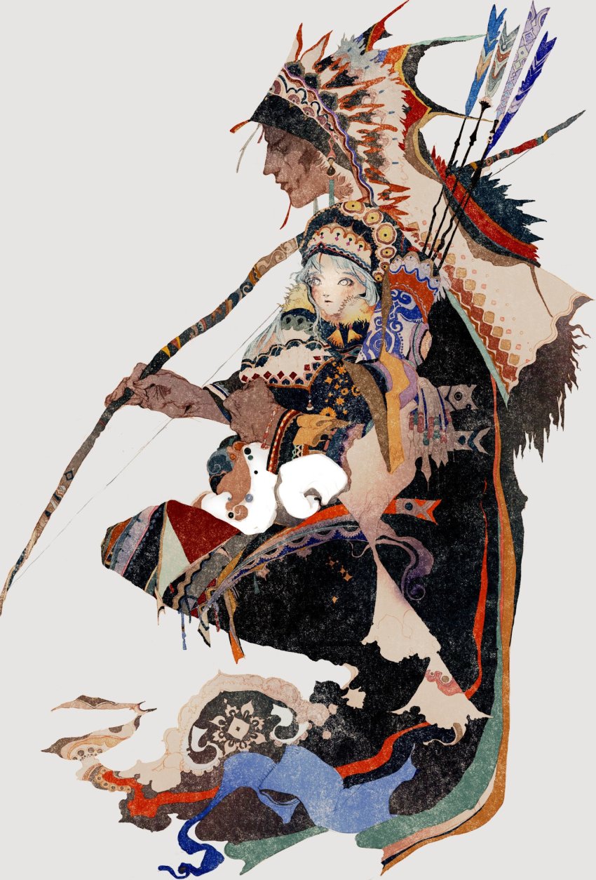 1boy, 1girl, akiya_kageichi, arrow_(projectile), bow_(weapon), bracelet, carrying, child, child_carry, closed_eyes, dark-skinned_male, dark_skin, facial_scar, from_side, fur_trim, grey_hair, headdress, highres, holding, holding_bow_(weapon), holding_weapon, jewelry, long_sleeves, looking_away, looking_to_the_side, original, profile, quiver, scar, scar_on_cheek, scar_on_face, simple_background, squatting, traditional_clothes, traditional_media, tribal, weapon, white_background