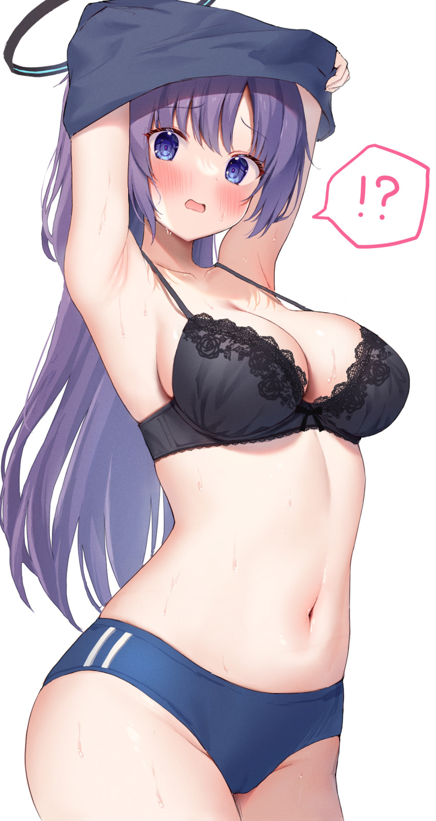 !?, 1girl, armpits, arms_up, black_bra, blue_archive, blue_buruma, blue_eyes, blush, bra, breasts, buruma, cameltoe, cleavage, clothes_lift, cowboy_shot, embarrassed, gym_uniform, halo, hannari369, highres, lace, lace-trimmed_bra, lace_trim, large_breasts, long_hair, looking_at_viewer, medium_breasts, navel, official_alternate_costume, purple_hair, shirt_lift, solo, standing, sweat, two_side_up, underwear, undressing, yuuka_(blue_archive), yuuka_(track)_(blue_archive)