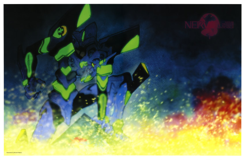 00s, absurdres, artist_name, dark_background, embers, eva_01, evangelion:_2.0_you_can_(not)_advance, fire, glowing, green_eyes, highres, horns, masuo_shouichi, mecha, mecha_focus, neon_genesis_evangelion, no_humans, on_one_knee, rebuild_of_evangelion, robot, single_horn