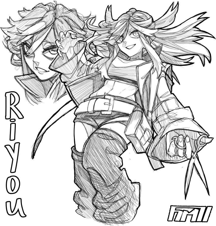 1girl, absurdres, belt, breasts, gachiakuta, greyscale, highres, holding