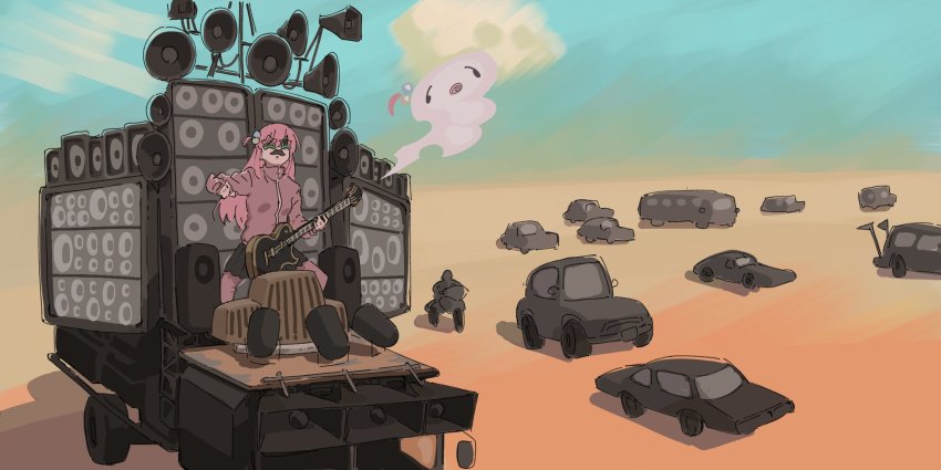 1girl, black_skirt, bocchi_the_rock!, desert, fugota6509, gotoh_hitori, guitar, highres, hood, hoodie, instrument, mad_max, mad_max:_fury_road, motor_vehicle, pink_hair, pink_hoodie, sand, skirt, solo, speaker, the_doof_wagon, the_doof_warrior, truck