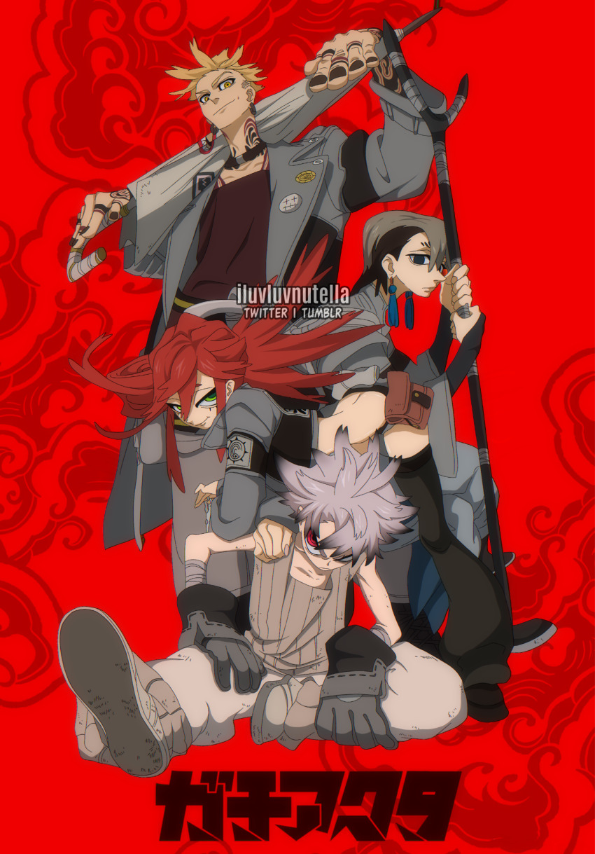 1girl, 3boys, belt_pouch, black_nails, blonde_hair, brown_shirt, crop_top, ear_piercing