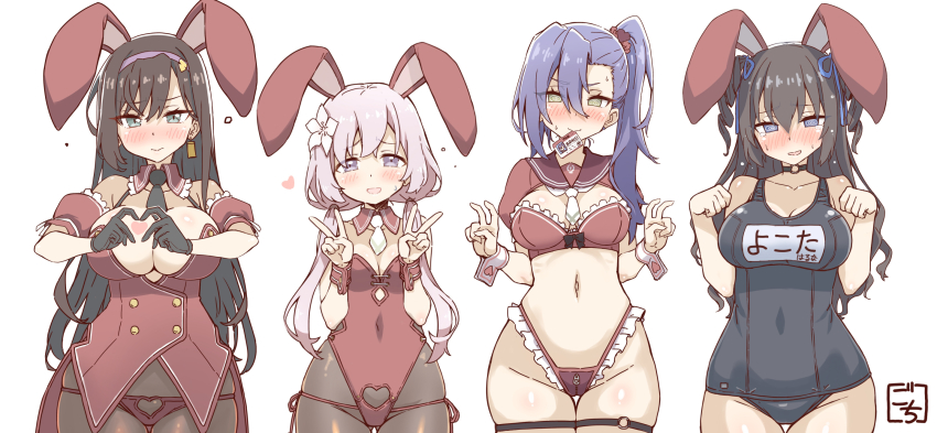 4girls, @_@, adapted_costume, animal_ears, aqua_eyes, artist_name, assault_lily, asymmetrical_bangs, bare_arms, bare_shoulders, bent_v, between_breasts, black_bow, black_choker, black_gloves, black_hair, black_necktie, black_one-piece_swimsuit, blue_eyes, blush, bow, bow_bra, bra, breasts, breasts_apart, brown_hair, brown_pantyhose, brown_sailor_collar, buttons, choker, cleavage, closed_mouth, clothing_cutout, collarbone, commentary_request, covered_navel, cowboy_shot, crotch_cutout, detached_collar, detached_sleeves, double-breasted, double_v, drill_hair, earrings, embarrassed, fake_animal_ears, flower, frilled_bra, frilled_panties, frilled_sleeves, frills, furrowed_brow, gloves, gochisousama_(tanin050), groin, hair_between_eyes, hair_flower, hair_ornament, hair_ribbon, hair_scrunchie, hairband, hands_up, heart, heart_cutout, heart_hair_ornament, heart_hands, high_side_ponytail, highleg, highleg_panties, highres, honma_akehi, id_card, jewelry, kanba_girls_high_school_uniform, kanba_student_council_defense_team_member_a, kanba_student_council_defense_team_member_b, large_breasts, leotard, long_hair, looking_at_viewer, low_twintails, medium_breasts, mouth_hold, multiple_girls, necktie, necktie_between_breasts, nontraditional_playboy_bunny, nose_blush, o-ring, o-ring_choker, o-ring_strap, o-ring_thigh_strap, one-piece_swimsuit, panties, panties_over_pantyhose, pantyhose, parted_lips, paw_pose, playboy_bunny, puffy_detached_sleeves, puffy_short_sleeves, puffy_sleeves, purple_eyes, purple_hair, purple_hairband, rabbit_ears, raised_eyebrows, red_bra, red_leotard, red_panties, red_scrunchie, ribbon, sailor_collar, school_swimsuit, school_uniform, scrunchie, short_necktie, short_sleeves, shrug_(clothing), side-tie_panties, side_cutout, side_ponytail, side_slit, sidelocks, simple_background, standing, stomach, strapless, strapless_bra, strapless_leotard, string_panties, sweat, sweatdrop, swimsuit, tailcoat, tearing_up, thigh_gap, thigh_strap, twin_drills, twintails, two_side_up, underwear, v, v-shaped_eyebrows, very_long_hair, wavy_hair, white_background, white_flower, white_necktie, wrist_cuffs, yellow_eyes, yokota_haruna, zipper, zipper_panties, zipper_pull_tab
