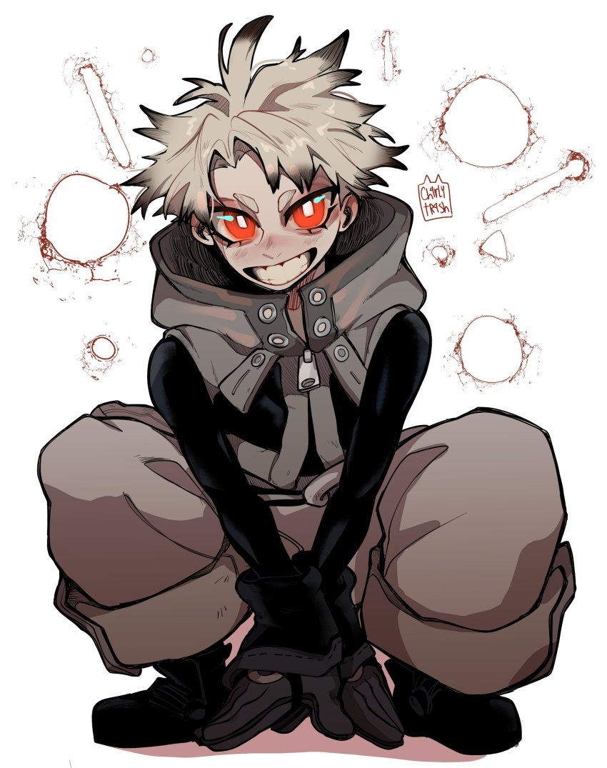 1boy, absurdres, black_footwear, black_sleeves, ch4rlytr4sh, gachiakuta, grey_hair, highres, hood, hoodie, looking_at_viewer, orange_eyes, pants, pants_rolled_up, rudo_surebrec, short_hair, simple_background, smile, solo, spiked_hair, squatting, white_background