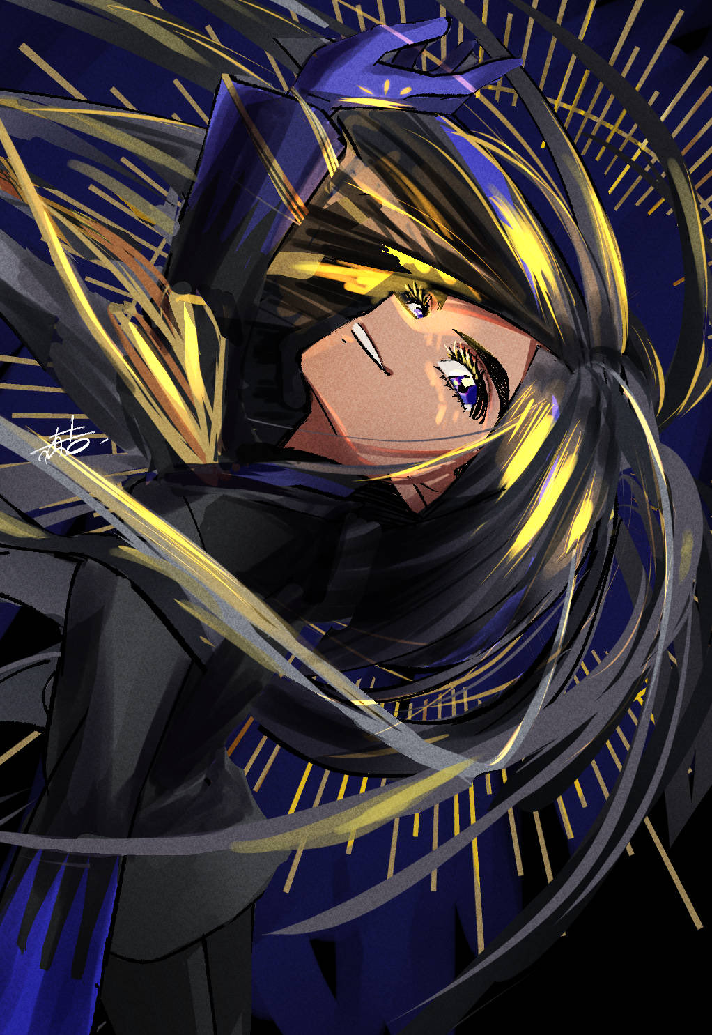 1girl, 3737-3737, black_hair, black_jacket, black_pants, black_suit, blonde_hair, blue_background