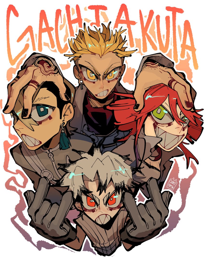 1girl, 3boys, \n/, absurdres, black_hair, black_nails, blonde_hair, blue_eyes, ch4rlytr4sh, ear_piercing, earrings, enjin_(gachiakuta), gachiakuta, gloves, green_eyes, grey_jacket, head_grab, highres, jacket, jewelry, looking_at_viewer, multiple_boys, nail_polish, orange_eyes, piercing, red_hair, red_tank_top, riyo_reaper, rudo_surebrec, sharp_teeth, short_hair, simple_background, smile, spiked_hair, tank_top, tassel, tassel_earrings, tattoo, teeth, white_background, yellow_eyes, zanka_nijiku