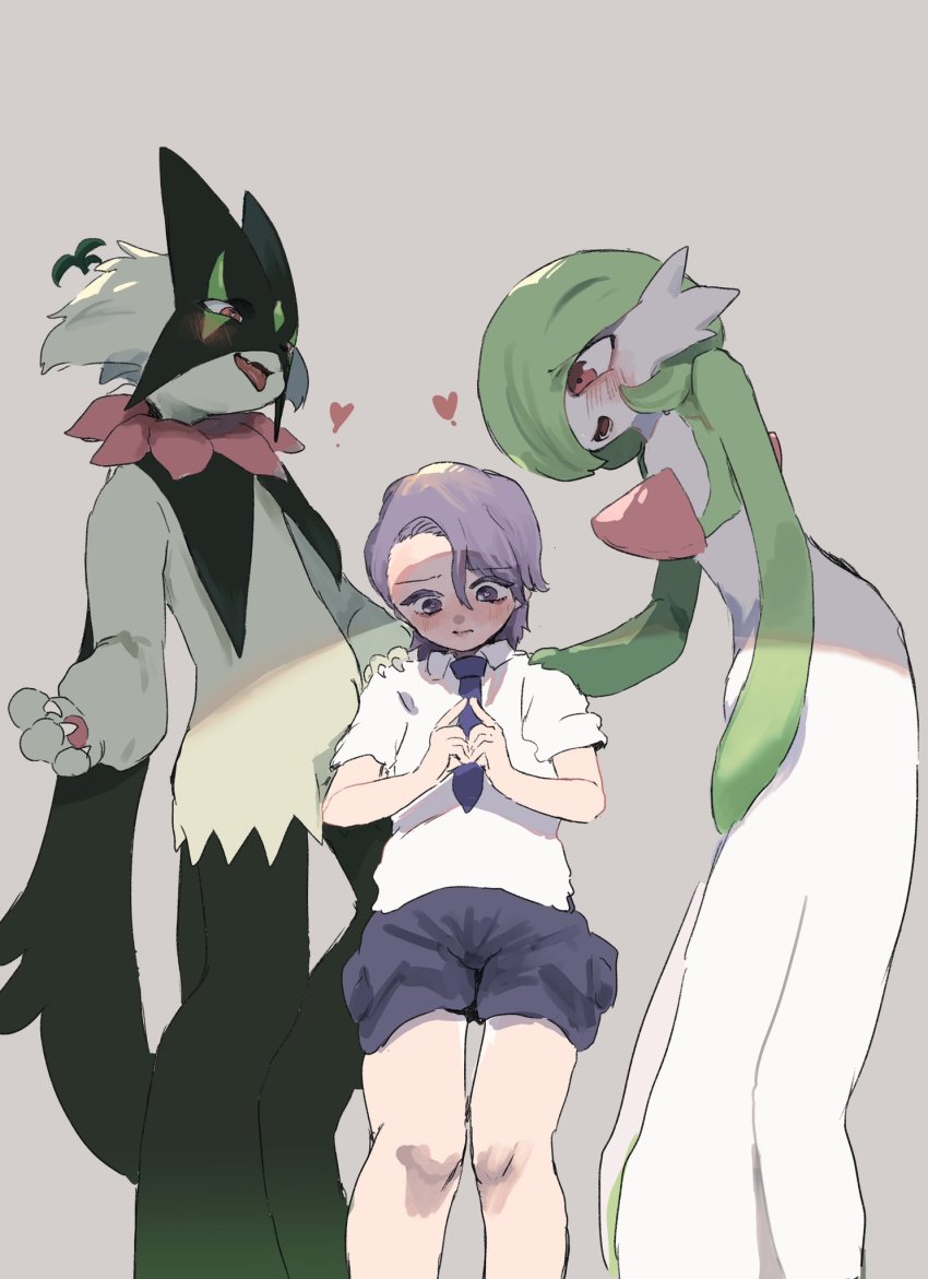 3boys, animal_hands, blue_necktie, blue_shorts, blush, bob_cut, body_fur, claws, closed_mouth, collared_shirt, colored_skin, florian_(pokemon), from_below, furry, furry_male, gardevoir, gen_3_pokemon, green_fur, green_hair, green_skin, grey_background, hair_between_eyes, hair_over_one_eye, half-closed_eyes, hand_on_another's_shoulder, hands_up, happy, heart, heart-shaped_pupils, height_difference, highres, index_fingers_together, kajitsu_ohima, leaning_forward, looking_at_another, looking_down, male_focus, matching_hair/eyes, meowscarada, multicolored_skin, multiple_boys, necktie, nervous, nintendo, nose_blush, one_eye_covered, open_mouth, own_hands_together, pawpads, pokemon, pokemon_(creature), pokemon_scarlet_and_violet, purple_hair, red_eyes, school_uniform, shirt, short_hair, short_shorts, short_sleeves, shorts, simple_background, sketch, smile, standing, symbol-shaped_pupils, teeth, trap, two-tone_fur, two-tone_skin, white_shirt, white_skin