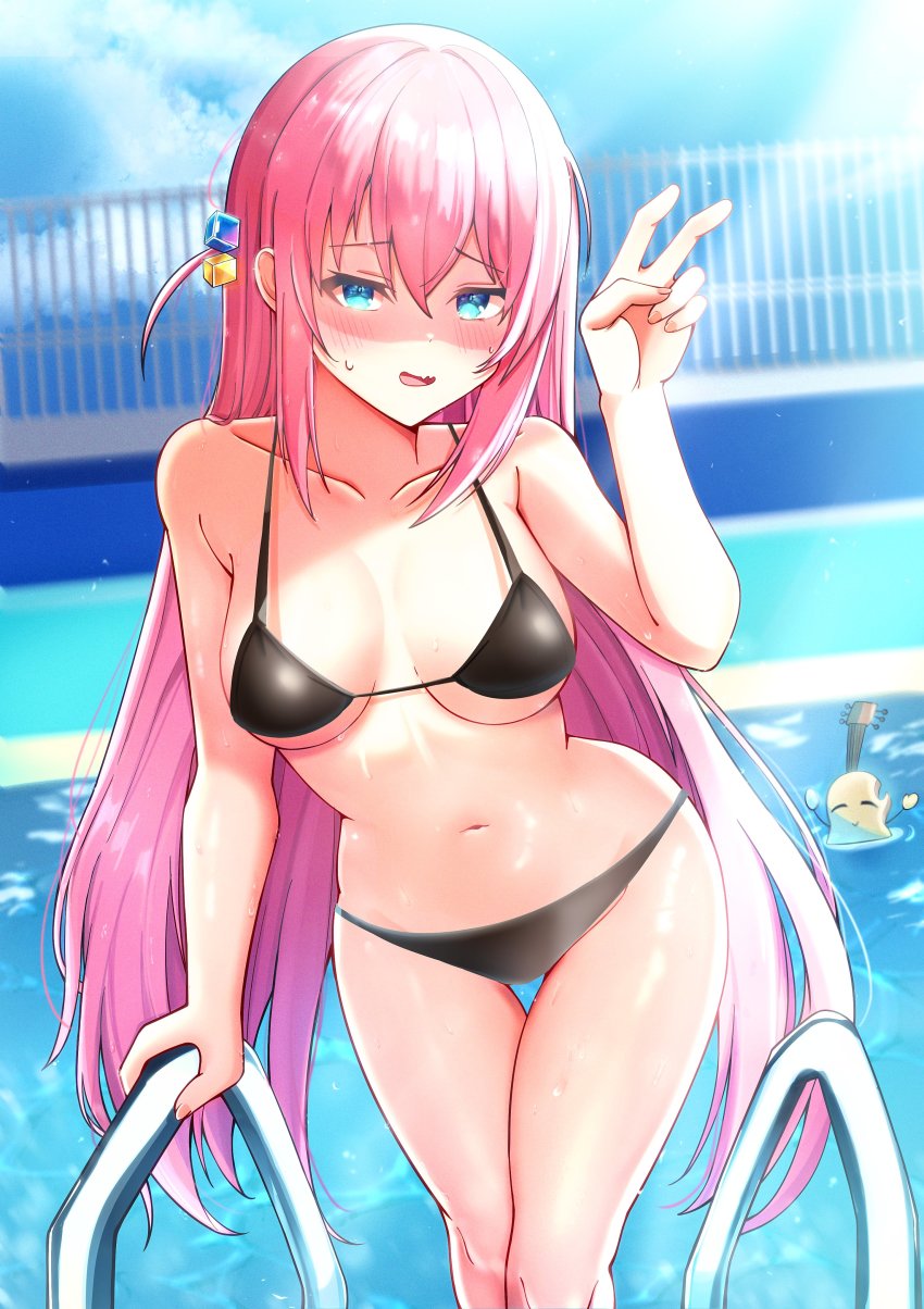 1girl, absurdres, bent_v, bikini, black_bikini, blue_eyes, bocchi_the_rock!, breasts